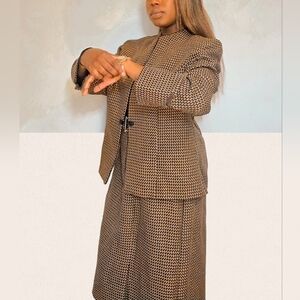 Jacket and Skirt Set - Tweed Skirt Suit Two Pieces M Brown & Black